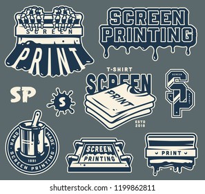 Vintage light screen printing elements set with squeegee shirts silkscreen brush in bucket label letterings isolated vector illustration