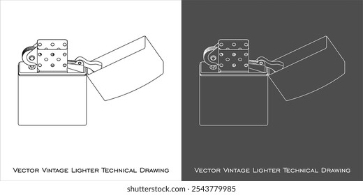 vintage Lighter cigarette vector from various positions line technical drawing blueprint isolated on transparent background