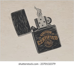 vintage lighter with typography vector design, old metal lighter with fire artwork for t shirt, sticker, poster, graphic print, hand drawn