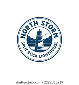 Vintage lighthouse beacon ocean view with storm and seagull logo design inspiration