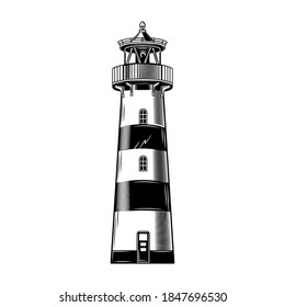 Vintage lighthouse building vector illustration. Monochrome classical beacon. Nautical world or maritime navigation concept for labels or emblems templates
