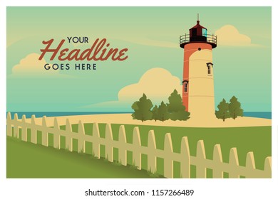 Vintage lighthouse illustration postcard.