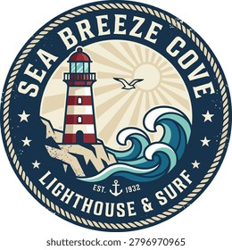 Vintage lighthouse logo depicting waves and seagulls, representing coastal surf culture