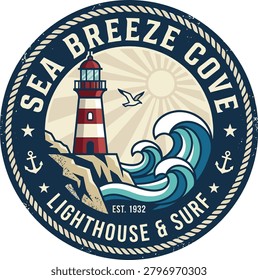 Vintage lighthouse logo representing Sea Breeze Cove with waves and sun in background