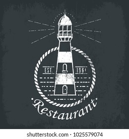 Vintage lighthouse logo rounded by rope or sling. Old banner of navigation beacon or searchlight for sailors and maritime pilots looking for harbor. Great nautical and sea, ocean and seashore theme
