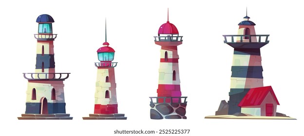 Farol vintage com lanterna de navegação. Cartoon ilustração vetorial conjunto de diferentes torre de farol velho para segurança mar e viagem de navio oceano. Guia noturno de transporte da Marinha para paisagem à beira-mar.