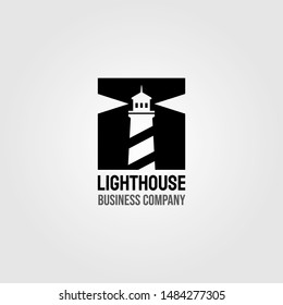 vintage lighthouse negative space square logo design illustration