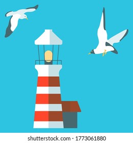 Vintage lighthouse on blue backdrop. Beacon and seagull for invitation or gift card, sailing club logo, notebook sticker, bath tile. Phone case or cloth print art. Flat style stock vector illustration