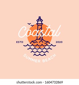 Vintage Lighthouse on Coastal Beach logo design template