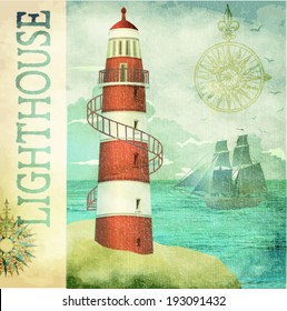 Vintage Lighthouse Poster - Vintage textured maritime poster with old lighthouse, sailing ship in the background, compass roses and copy space on the side