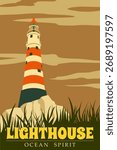 Vintage Lighthouse Poster tower, beacon on seashore ocean