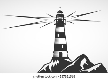 vintage lighthouse and rocks, vector illustration