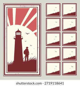 Escena del faro de Antiguas con los rayos del sol y la persona, salida del sol retro de los marcos Pequeños múltiples