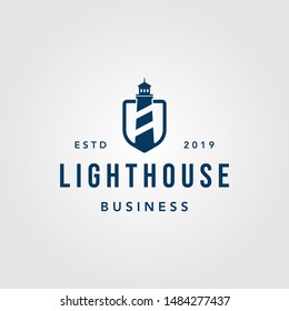 vintage lighthouse shield logo design illustration