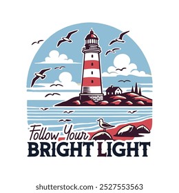 Vintage Lighthouse T-Shirt Illustration with Motivational Quote