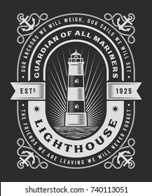 Vintage Lighthouse Typography On Black Background. T-shirt and label graphics in woodcut style. Editable vector illustration.