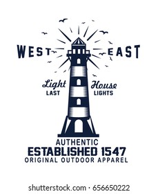 Vintage Lighthouse Typography. T-shirt and label graphics in woodcut style. Editable EPS10 vector illustration.