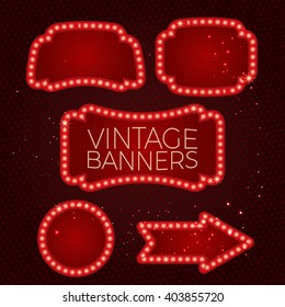 Vintage lighting banner vector illustration. Shining retro frame in red color. Banners set.