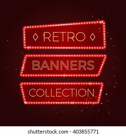 Vintage lighting banner vector illustration. Shining retro frame in red color.