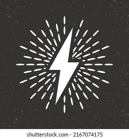 Vintage lightning bolt and sun rays on grunge background. Lightnings with sunburst effect. Thunderbolt, electric shock sign. Vector illustration