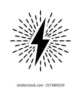 Vintage lightning bolt and sun rays isolated on white background. Lightnings with sunburst effect. Thunderbolt, electric shock sign. Vector illustration