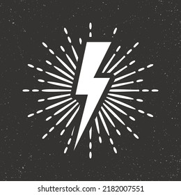 Vintage lightning bolt and sun rays on grunge background. Lightnings with sunburst effect. Thunderbolt, electric shock sign. Vector illustration