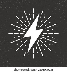 Rayo vintage y rayos solares en fondo de grano. Rayos con efecto de explosión solar. Tornillo, señal de choque eléctrico. Ilustración del vector