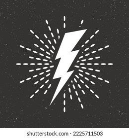 Vintage lightning bolt and sun rays on grunge background. Lightnings with sunburst effect. Thunderbolt, electric shock sign. Vector illustration