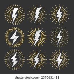 Rayos y rayos de sol antiguos. Rayos con textura de papel desmenuzado y efecto de explosión solar. Tornillo, señal de choque eléctrico. Ilustración del vector