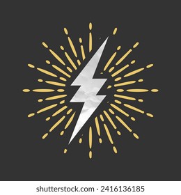 Vintage lightning bolt and sunrays. Lightnings with crumpled paper texture and sunburst effect. Thunderbolt, electric shock sign. Vector illustration