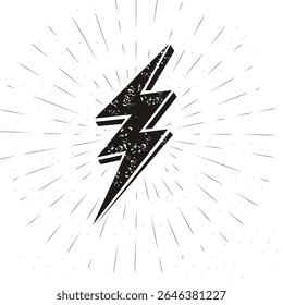 Vintage lightning bolts and sun rays isolated on white background. Lightnings with sunburst effect. Thunderbolt, electric shock sign. Vector illustration.