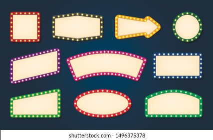 Vintage lights empty signboard vector templates set. Marquee lamps glowing frames with text space. Round, square, arrow shapes blank retro borders isolated layouts. Sings with illuminated lightbulbs