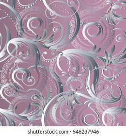 Vintage lilac seamless pattern. Floral 3d wallpaper with white decorative antique flowers leaves and flowery ornaments. Ornate background.Flourish vector illustration. Elegant fabric. Endless texture