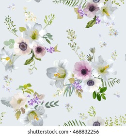 Vintage Lily and Anemone Flowers Background - Summer Seamless Pattern in Vector