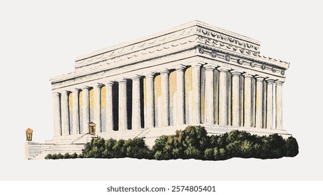 Vintage Lincoln Memorial Washington, D. C., vintage element. Architecture illustration vector. Vintage exterior architecture art drawing illustration, old architecture painting art print vector.