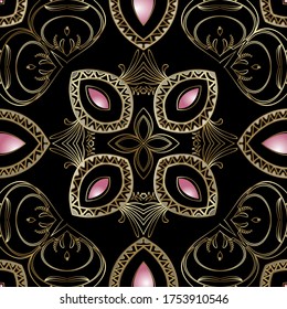 Vintage line art 3d vector seamless pattern. Floral ornamental elegance background. Repeat flowery backdrop. Arabesque ornaments. Golden flowers, mandalas, lines, swirls, leaves. Luxury ornate design.