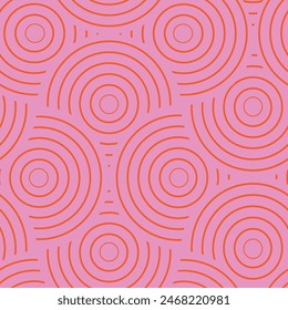 vintage line art abstract orange overlapping circles seamless pattern on pink background. For wallpaper, home décor and textile