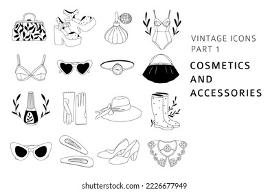 Vintage line art accessories set: sunglasses, bags, perfume, shoes, hat, bra, rain boots, gloves. Linear icons with floral elements for logo, brand design. Elegant bohemian outline vector collection.