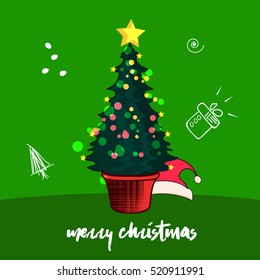 Vintage Line art based xmas greeting card for Merry Christmas celebration on green shining background and creative Xmas Tree decorated with ornaments , gift box , xmas balls and shining xmas star
