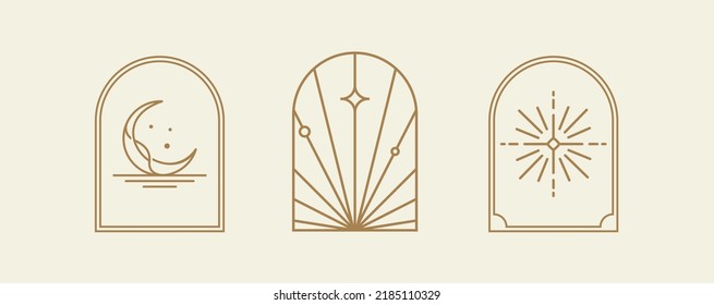 arte de la línea vintage de la colección de arte del logo bohemio dorado, iconos y símbolos, sol y luna, diseño de ventanas de arco elementos de diseño abstracto geométrico para la decoración.