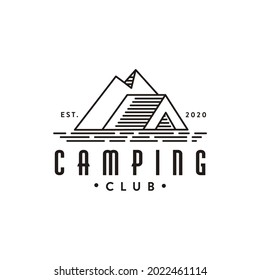 Vintage line art Camping outdoor adventure logo, tent and mountain logo vector template on white background