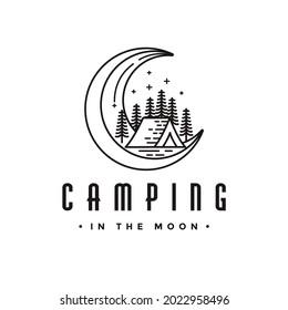 Vintage line art Camping outdoor adventure logo, camping in the moon logo, tent and moon pine forest vector template on white background