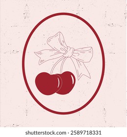 Vintage line art with cherries tied with a bow in an oval frame on a textured background. Perfect for logos, packaging, prints, greeting cards, and vintage decor.