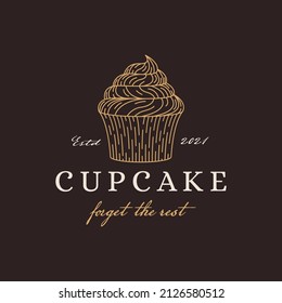 Vintage line art cupcake logo icon vector on dark background