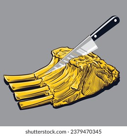 Vintage line art of cutting pork ribs, colored black, grey, yellow and white