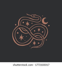 Vintage line art elegant knot snake. Witchcraft culture concept. Harmony and zen. Crescent moon magic symbols. Elegant female tattoo artwork. Isolated vector illustration. Logo, icon or label. Vector