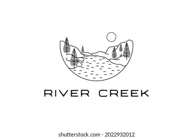 Vintage Line Art of Evergreen Pines Fir Conifer Hemlock Tree Forest and Creek River for Camp Adventure Logo Design Vector