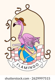 Vintage line art of a flamingo enjoying a beach picnic with a colorful beach ball, radiating fun and relaxation in summer holiday style. Perfect for summer cards, posters, websites, and decor