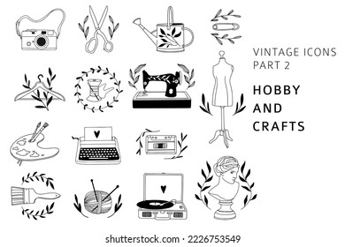 Vintage line art hobby and craft set: sewing machine, knitting, camera, art supplies. Linear icons with floral elements for logo, brand design, tailor shop. Elegant bohemian outline vector collection