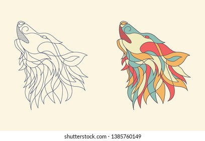 vintage line art howling wolf